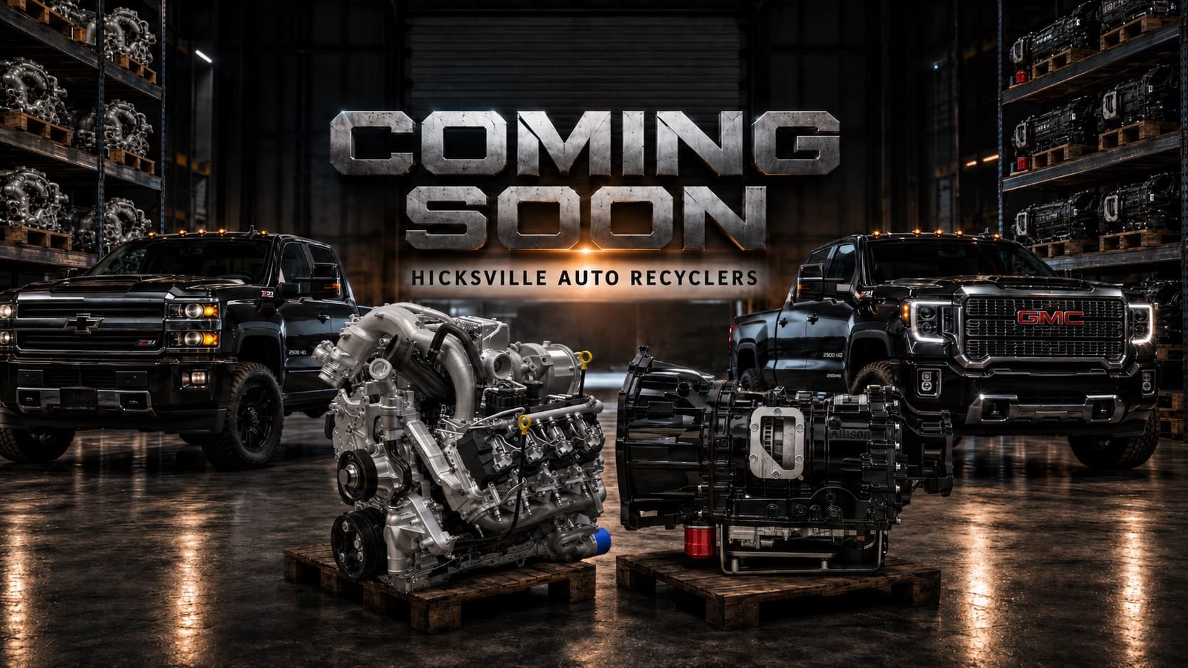 Coming soon — Hicksville Auto Recyclers. Chevrolet and GMC pickups frame a Duramax engine and an Allison transmission on pallets in the warehouse.